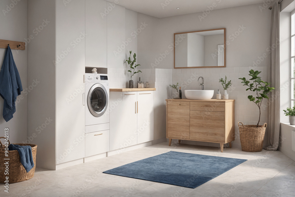 Interior of laundry room with washing machines and dirty clothes Interior of laundry room with washing machines and dirty clothes
