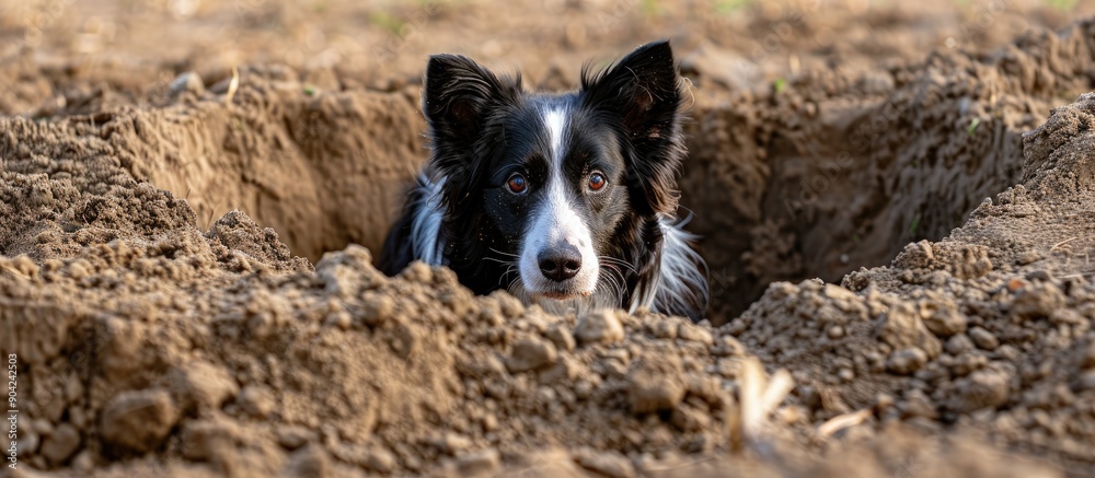 A Border Collie perched within a newly excavated pit inside a dog daycare setting with a horizontal orientation suitable for copy space image A Border Collie perched within a newly excavated pit inside a dog daycare setting with a horizontal orientation suitable for copy space image
