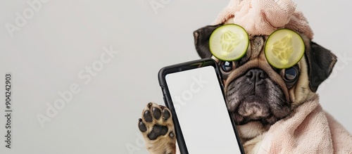 A playful Pug puppy wearing a towel on its head and cucumber slices on its eyes holding a large smartphone with a white blank screen in its paw over a banner set against a white background with copy s photo