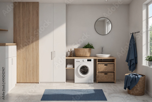 Interior of laundry room with washing machines and dirty clothes