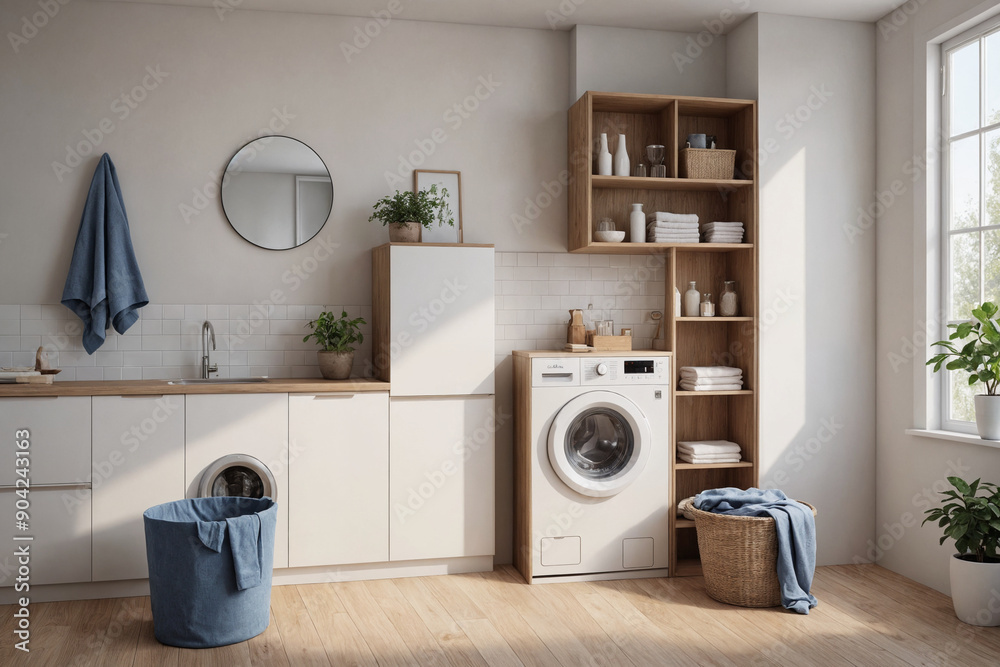 Interior of laundry room with washing machines and dirty clothes Interior of laundry room with washing machines and dirty clothes