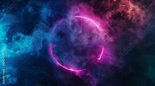 A mesmerizing abstract image that beautifully showcases colorful smoke alongside glowing neon circular patterns