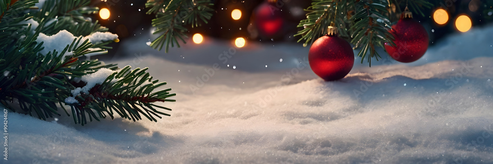 Christmas balls on shiny, glittering snow, fir tree branches, festive, magic new year background, winter holiday bokeh, banner template for design, greeting postcard, copy space.