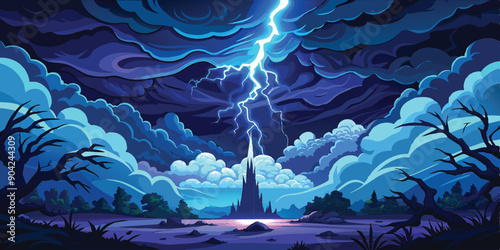 In the midst of a tempestuous night sky, a brilliant bolt of lightning illuminates the darkness, its electric blue hue casting an eerie glow across the stormy clouds vector art illustration