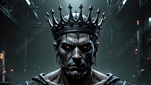 A close-up portrait of a menacing man wearing a crown and a mechanical contraption.