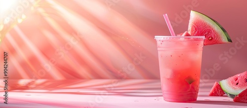 Refreshing watermelon drink in a plastic cup with a slice of watermelon on top ideal for a copy space image photo