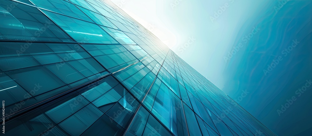 Fototapeta premium Contemporary glass walled building outdoors captured from a low angle Includes copy space image