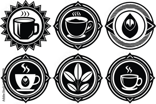 Six Black and White Circular Designs Featuring Coffee Cups and Tea Leaves