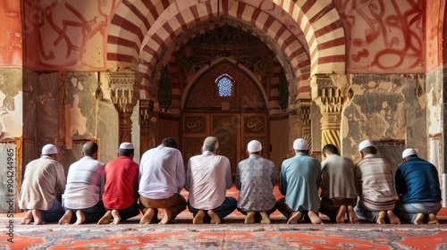 A group of individuals praying together in a mosque, showcasing communal worship photo