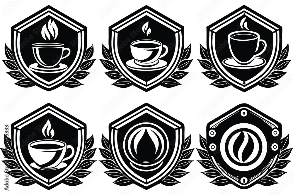 Set of six black and white coffee cup emblems with laurel wreaths Set of six black and white coffee cup emblems with laurel wreaths