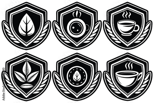 Six Black and White Shield-Shaped Icons with Leaves, Coffee Cups, and Coffee Beans