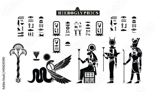 Papyrus with elements of ancient Egyptian history, Silhouettes of offerings to the gods, illustrations of the culture of worship on papyrus paintings in temples and pyramid hieroglyph walls