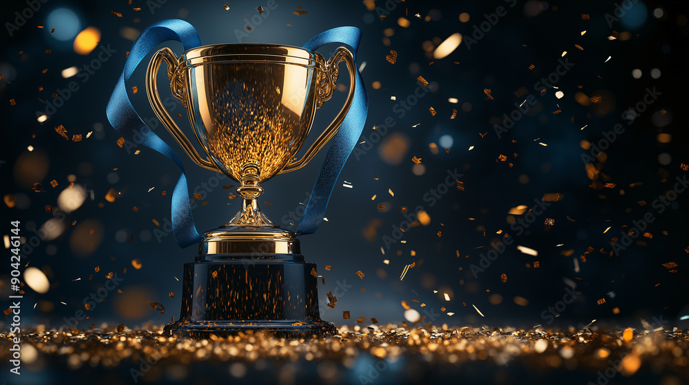 Golden trophy with blue ribbons and confetti on dark background Golden trophy with blue ribbons and confetti on dark background