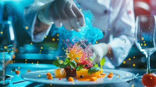 Chef creating innovative molecular cuisine in a modern kitchen. A vibrant and colorful dish is prepared with precision and style. This image captures the art and science of fine dining. AI photo