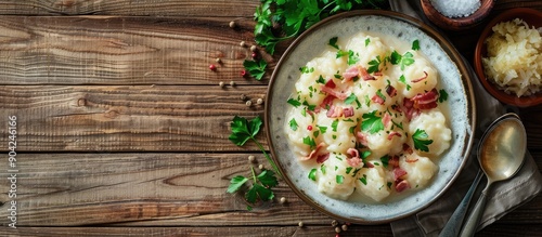 Top view of Slovak potato dumplings halusky served with steamed sauerkraut and bacon on a wooden table with copy space for adding text or images photo