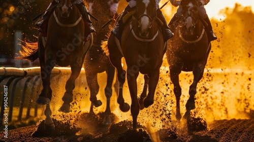 Close-up of racehorses galloping fiercely, dust swirling around them as they move through the golden sunlight