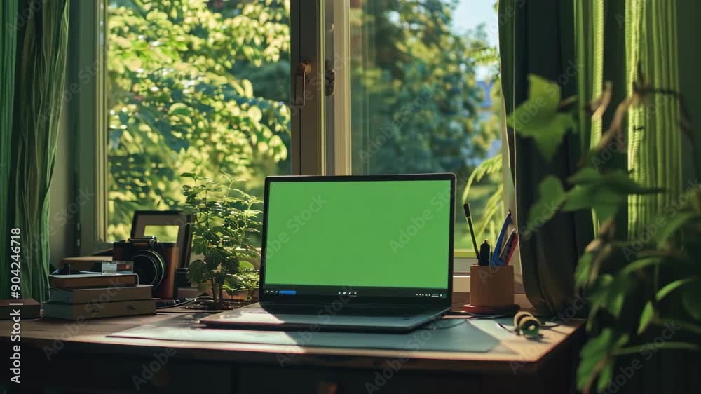 Laptop with green screen on a desk by a window overlooking a green garden Laptop with green screen on a desk by a window overlooking a green garden