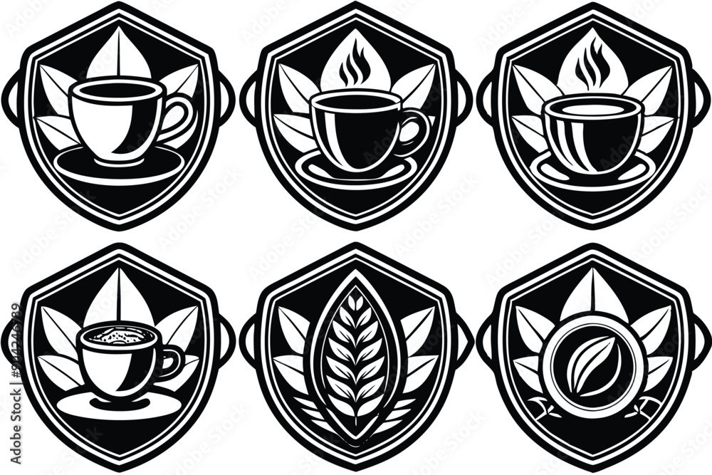 Six Black and White Coffee Cup Designs with Foliage Six Black and White Coffee Cup Designs with Foliage