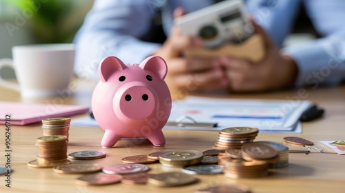 A pink piggy bank surrounded by coins on a wooden table, representing savings and financial planning in a modern workspace. photo