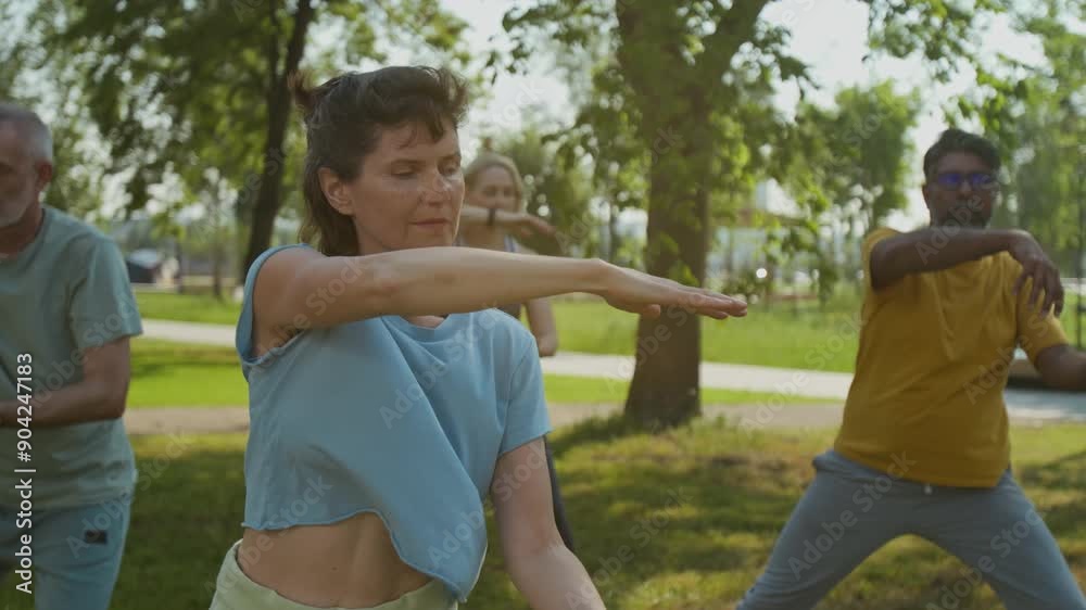 Medium shot of senior female Caucasian qigong trainer showing circular hand movements to diverse men and woman behind her during outdoor tai chi practice in park on summer day