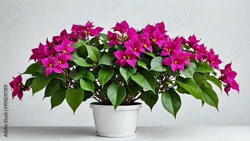 Bougainvillea plant with pink flowers in a white pot on a white background. © Image or video