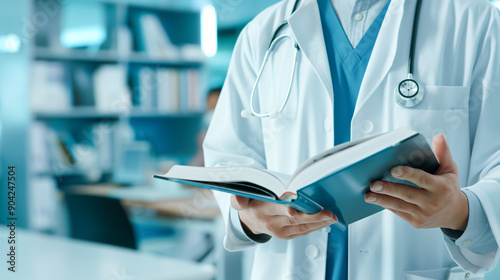 Doctor in a lab coat and stethoscope reads a medical book in a hospital library, focusing on study and professional development.