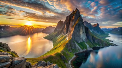 Crédence de cuisine Montagnes Arctic midnight sun illuminating Segla mountain on Senja island, Norway, Arctic  © lapeepon