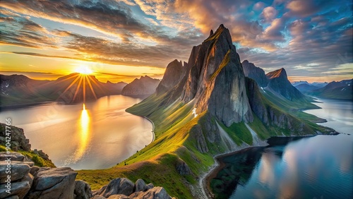 Arctic midnight sun illuminating Segla mountain on Senja island, Norway, Arctic
