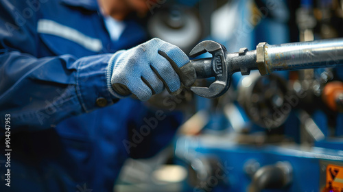 Worker in blue overalls and gloves is using a wrench to tighten a pipe in an industrial setting, focusing on maintenance or repair work.