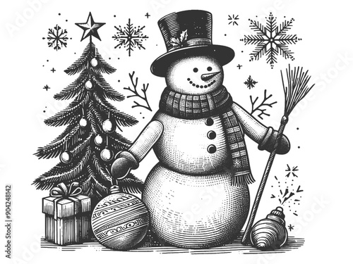 snowman with a top hat, scarf, Christmas tree, gifts, and ornaments in a festive holiday scene sketch engraving generative ai vector illustration. Scratch board imitation. Black and white image.