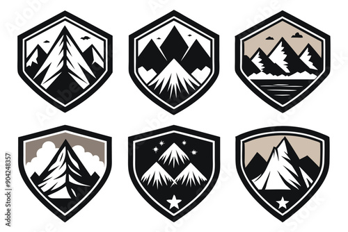 Six Mountain Landscape Designs in Black and White Shield Shapes