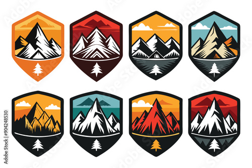 Collection of Mountain Range Badges with Different Color Schemes and Styles