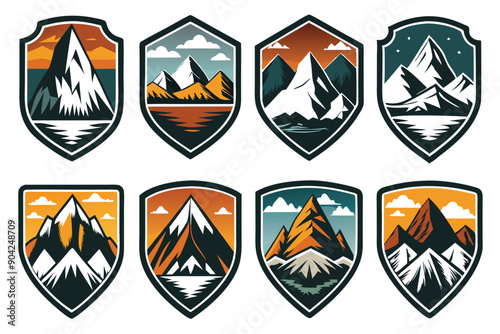 Eight Mountain Range Designs Inside Shield Shapes