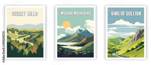 Surrey Hills, Mourne Mountains, Ring of Gullion Illustration Art. Travel Poster Wall Art. Minimalist Vector art