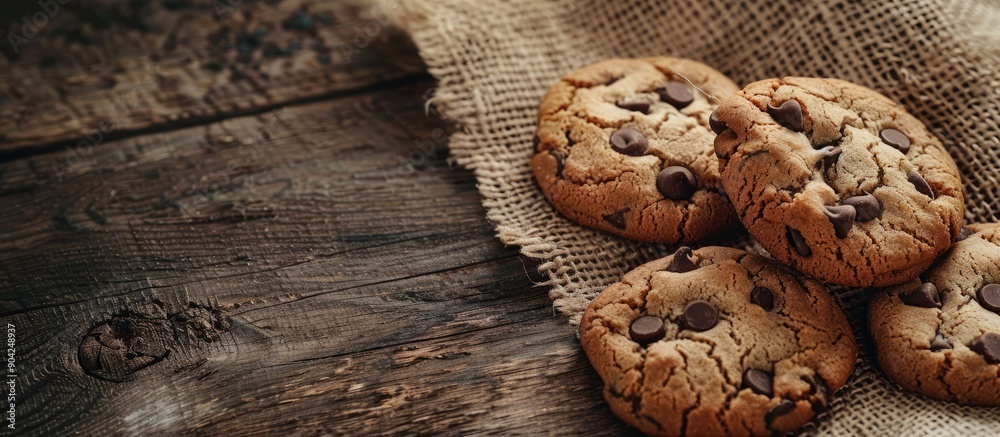 Photograph of delicious chocolate chip cookies with jute on top featuring copy space image Photograph of delicious chocolate chip cookies with jute on top featuring copy space image