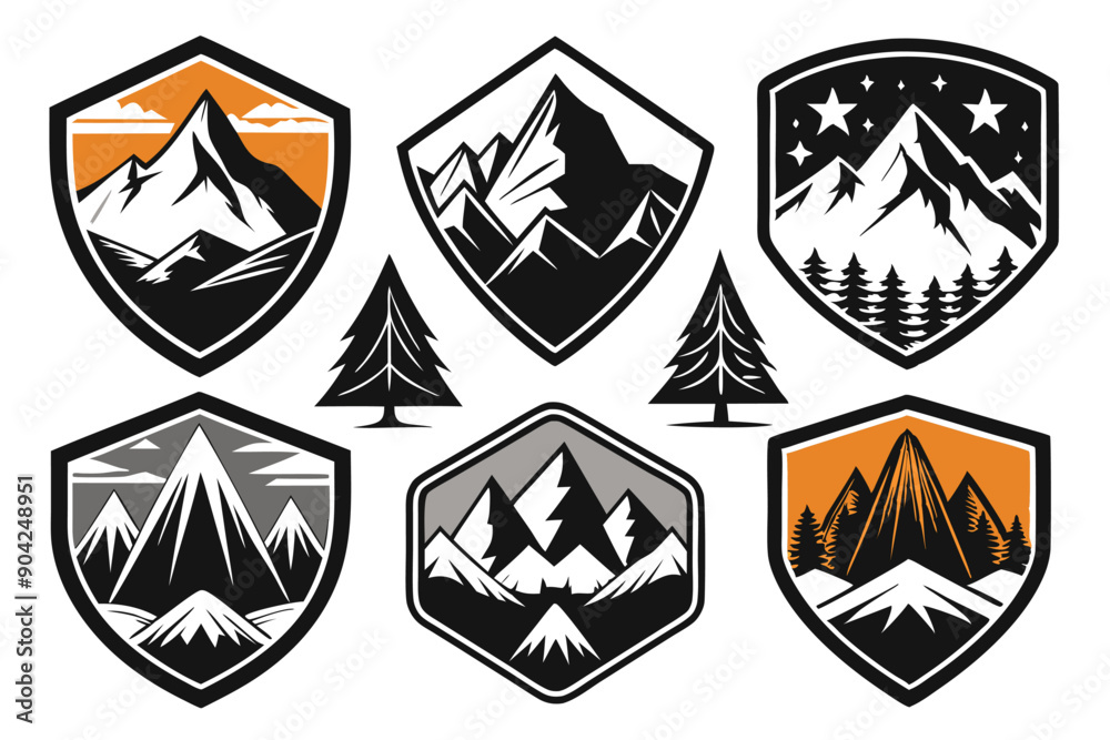 Black and White Mountain Range Logos with Pine Trees Black and White Mountain Range Logos with Pine Trees