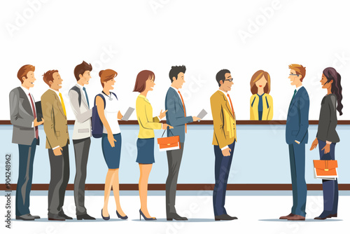 The Waiting Game: A diverse group of individuals patiently queue in a modern, minimalist setting, each engrossed in their own world as they await their turn.