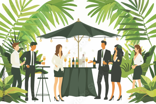 Tropical Business Mixer: Professionals unwind with drinks under a leafy canopy, celebrating success in style. 