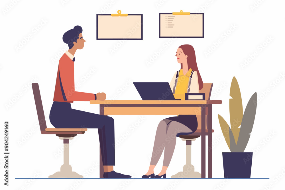 Job Interview: A young woman in a business setting sits across from a potential employee, engaged in a job interview, discussing future opportunities. Job Interview: A young woman in a business setting sits across from a potential employee, engaged in a job interview, discussing future opportunities.
