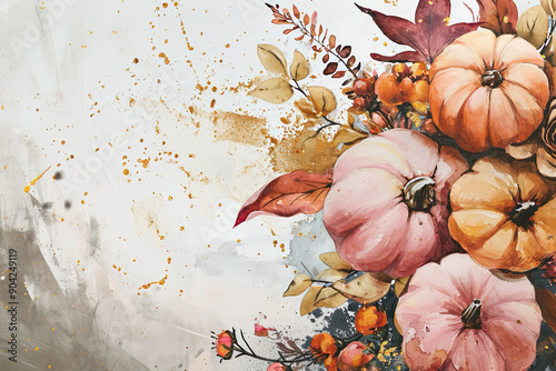 colorful pumpkins and fall leaves on watercolor background, space for text, fall background, template, invitation