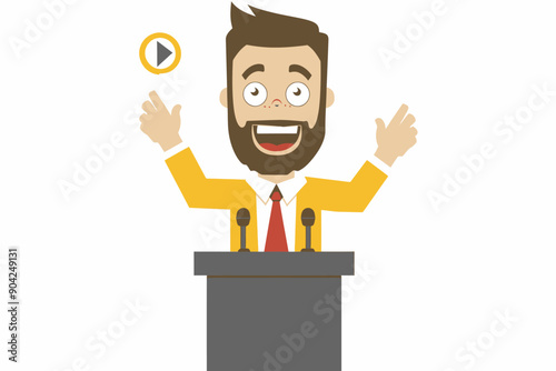 The Showman: Animated speaker captivating the audience with a compelling presentation, symbolized by a play button, ideal for marketing and public speaking visuals. 