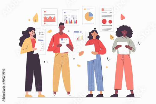 Diverse Team Analyzing Data: A vibrant team of diverse individuals collaborate to analyze data, surrounded by charts and graphs, representing teamwork, problem-solving, and strategic thinking.  
