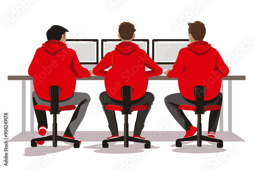 Red Team, Digital Front: Three coders in red hoodies, laser-focused on their screens, illustrate the intensity of a hackathon or coding competition. 
