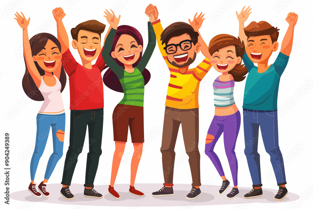 Joyful Celebration: Cartoon Style - Friends reveling, arms raised high, big smiles on their faces, vibrant and dynamic, perfect for themes of friendship, happiness, and celebration. Joyful Celebration: Cartoon Style - Friends reveling, arms raised high, big smiles on their faces, vibrant and dynamic, perfect for themes of friendship, happiness, and celebration.