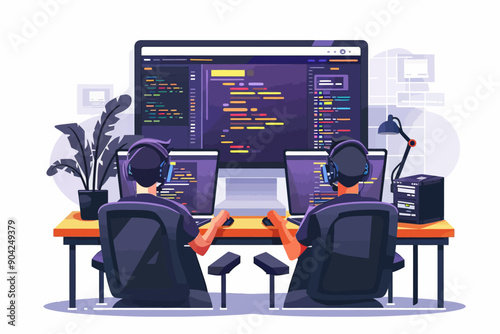 Coding Masters: A dynamic duo of programmers conquer complex code on a sleek, multi-screen workstation, embodying the dedication and focus of software development.