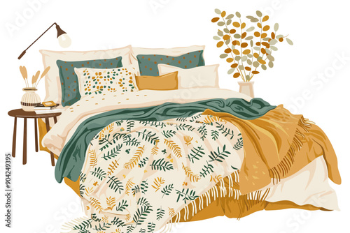 Autumnal Slumber: A cozy bed awaits with warm blankets, botanical patterns, and a touch of golden hour light.