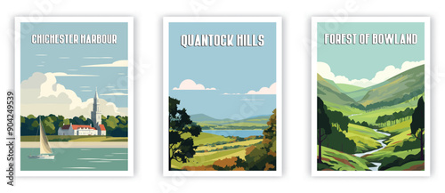 Chichester Harbour, Quantock Hills, Forest of Bowland Illustration Art. Travel Poster Wall Art. Minimalist Vector art