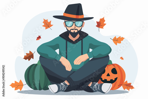 Cool Dude in a Witch Hat: A stylishly dressed man with a beard, sunglasses, and a witch's hat sits comfortably on two pumpkins amidst falling autumn leaves. This illustration evokes a fun and festive 
