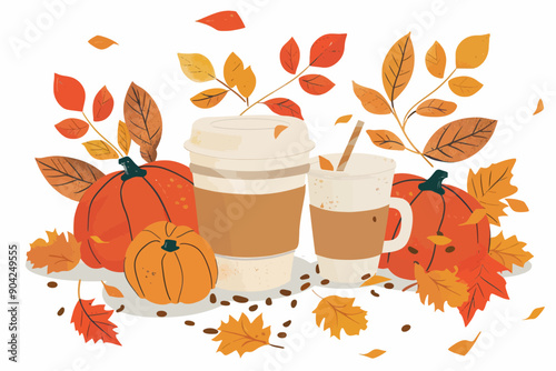 Autumn Coffee Delight: Embrace the cozy vibes of fall with this inviting illustration of pumpkin spice lattes nestled amongst pumpkins and colorful autumn leaves.  
