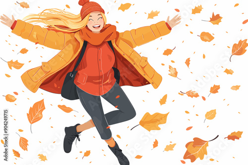 Autumn Bliss: A young woman leaps for joy amidst a flurry of falling autumn leaves, her laughter echoing the vibrant colors of the season.